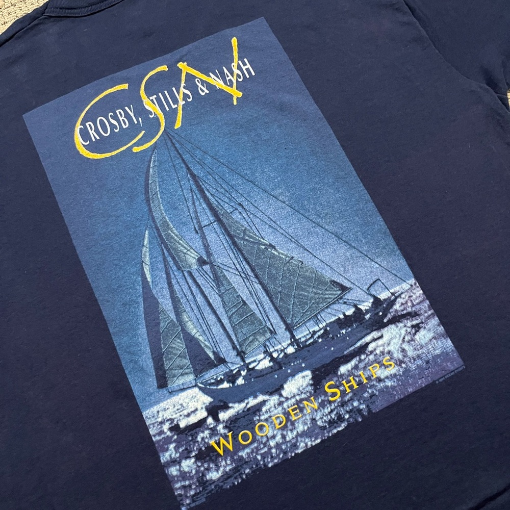 🎸 '94 Crosby, Stills, Nash Band Wooden Ships Lyrics Extreme Vintage Navy Lyric T - Picture 13 of 15
